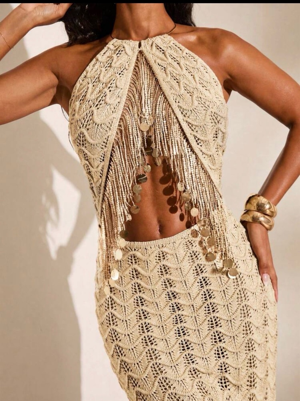 Beige Crochet Fringe Halter Swim Cover-Up dress - Picture 2 of 5